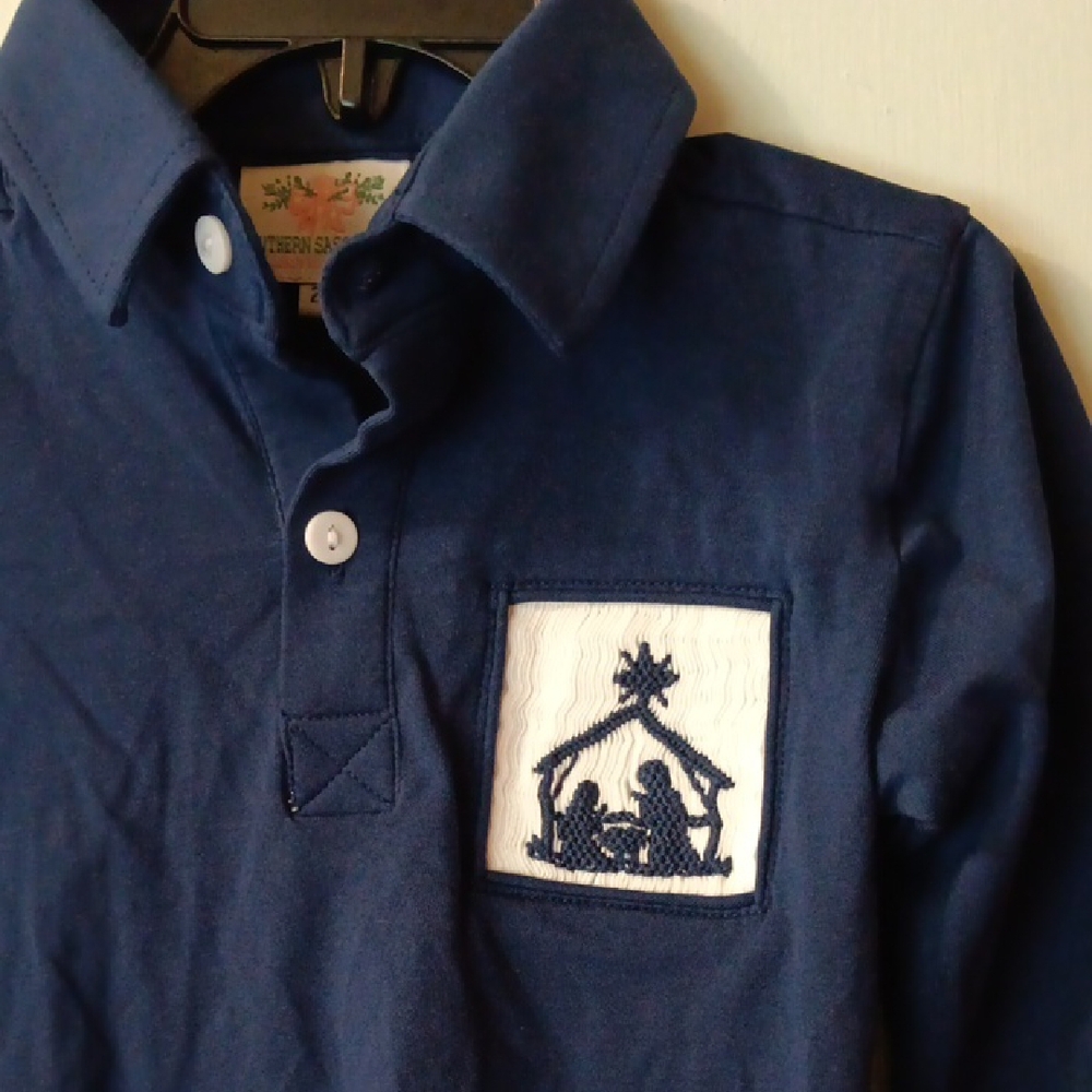 🎄Navy Blue Button Down Shirt with Embroidered Pocket